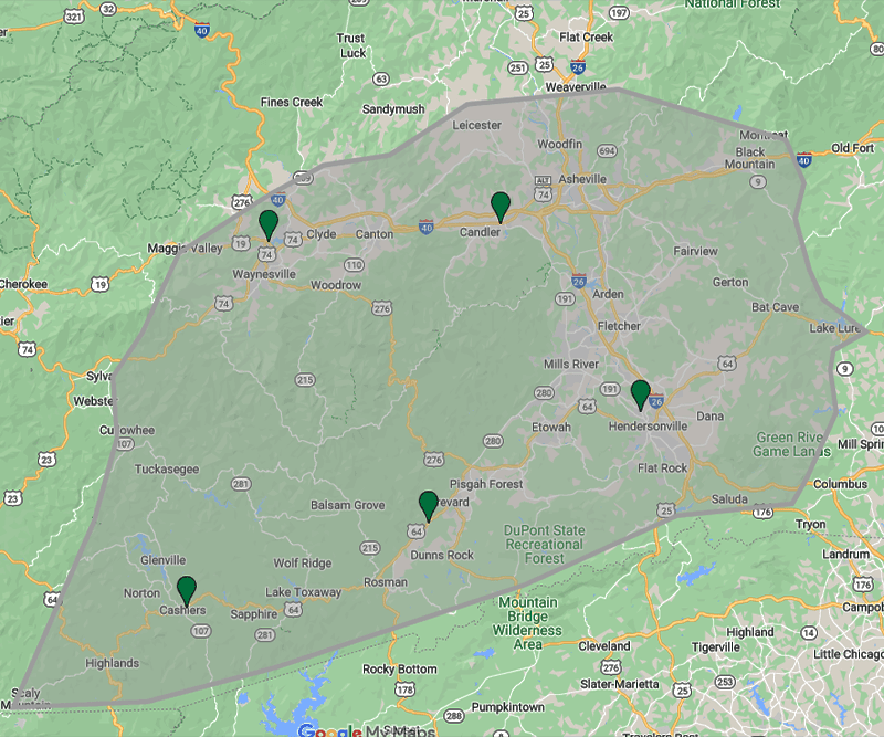 Map of the Pisgah Pest Control service area across Western North Carolina